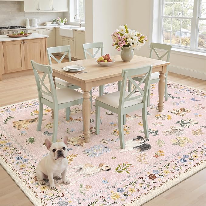Soalmost Dog 5x7 Pink Area Rugs for Baby Girl Nursery, Washable Soft Rug | Floral Vintage Non-Slip Low Pile Cute Throw Rugs for Living Room Kitchen Dining Room Bedroom Nursery Playroom 5' x 7'