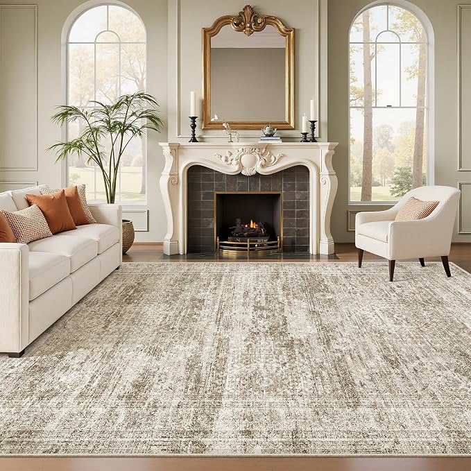 Soalmost 7x10 Area Rug for Living Room Washable Rugs Non-Slip Brown | Low-Pile Vintage Carpet for Dining Bedroom, Foldable Thin Stain Resistant Floor Mat Under Table Home Office Nursery Decor