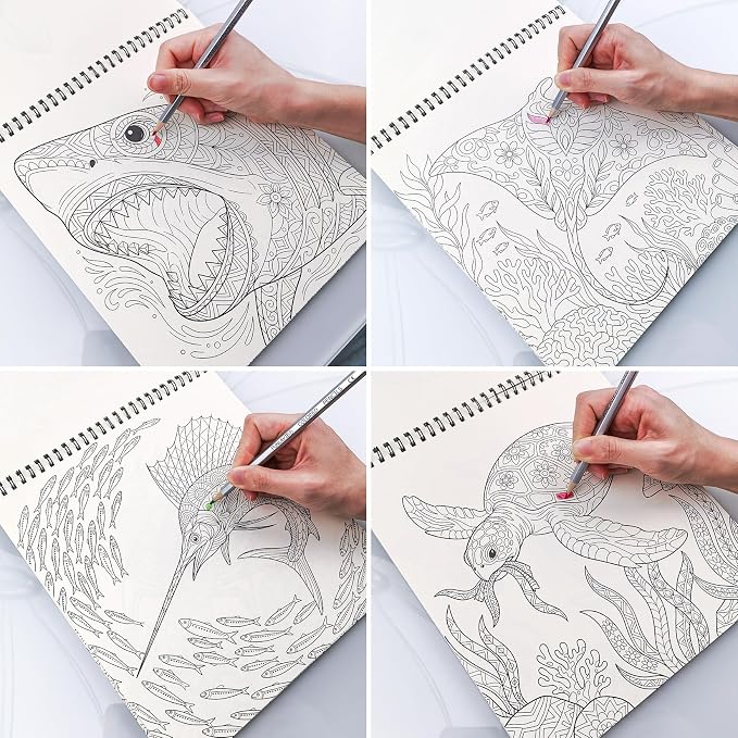 FUNLAVIE Adult Coloring Book - Ocean Animal Mandala Designs for Adults Relaxation and Teens Stress Relief, Spiral Bound Mindfulness Coloring Book for Women, Ocean Creature Mandalas and Patterns