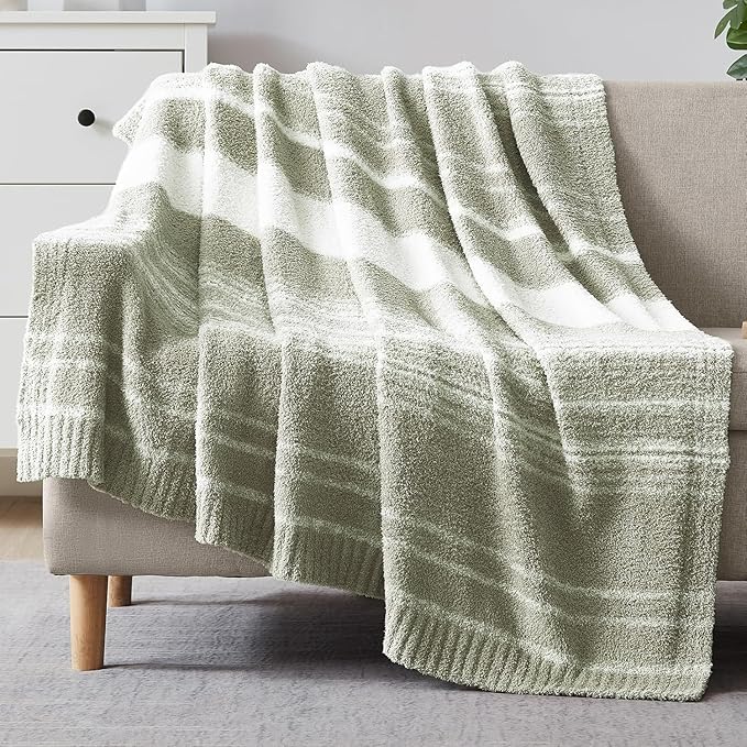 Soft Throw Blanket for Couch-Cozy Reversible Knitted Blankets | Lightweight Warm Fluffy Decor for Women, Mom, Her & Girls, Sofa, Chair, Bed, 50x70in, Sage Green Stripe