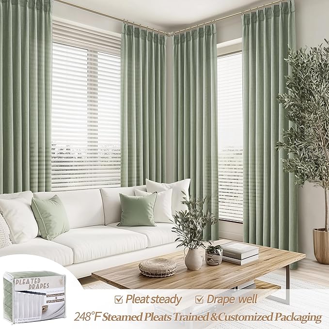 Sage Green Light Filtering Viral Sheer Curtains 90 Inches Long for Bedroom 2 Panels Set, Modern Pinch Pleated Flax Linen Window Drapes with Hooks Rings Ceiling Track 40 x 90 Inch Dining Room Curtain
