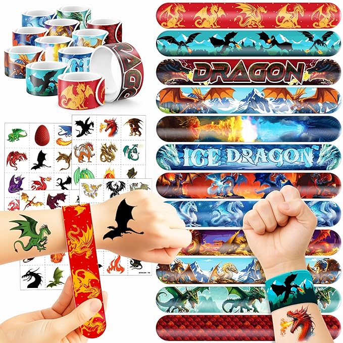 72PCS Dragon Party Set – 48PCS Temporary Pre - cut Tattoos & 24PCS Slap Bracelets – Fun Fantasy - Themed Birthday Supplies, Baby Shower Gifts, Classroom Rewards & Party Decor for Kids (Boys & Girls)
