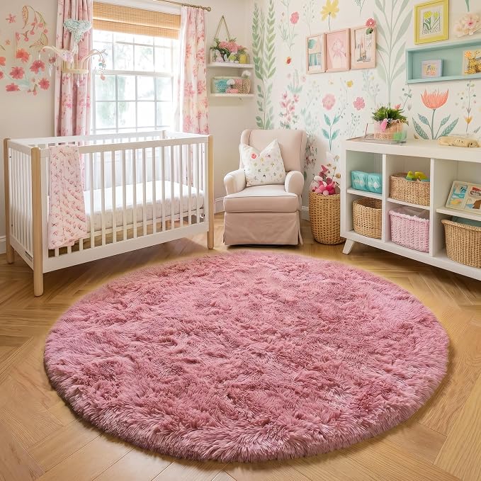 Amdrebio Blush Pink Fluffy Round Rug 4Ft for Bedroom, Fuzzy Furry Circle Area Rugs for Kids Room Decor Aesthetic, Shaggy Circular Carpet for Baby Girls Nursery Dorm, Cute Neutral Dusty Rose Mauve Rug