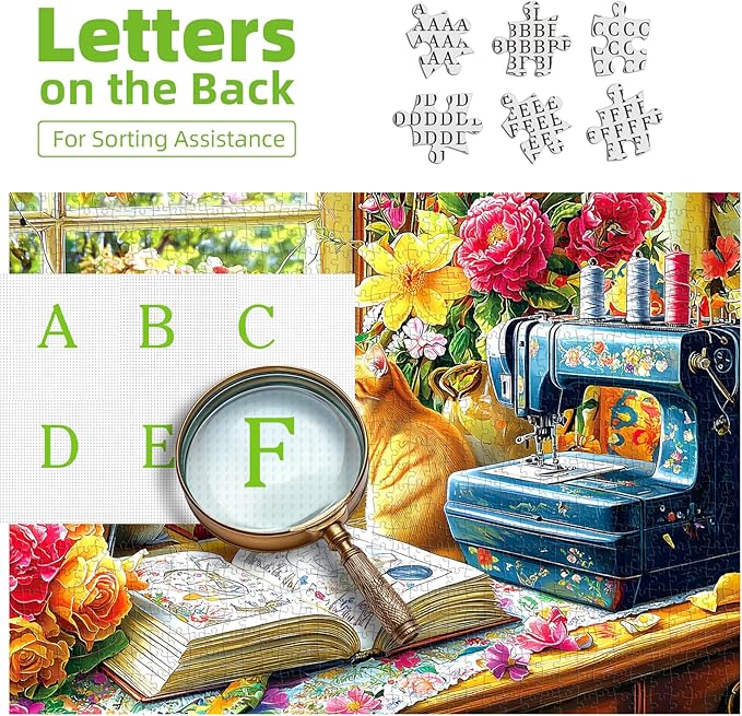 Blueforest 500 Piece Puzzle for Adults, Cozy Sewing Room Jigsaw Puzzle - Cats, Birds & Vintage Sewing Machine, 23x15 Inch Unique Shaped Pieces Art Puzzle, Hard Difficult Challenging Fun Puzzles