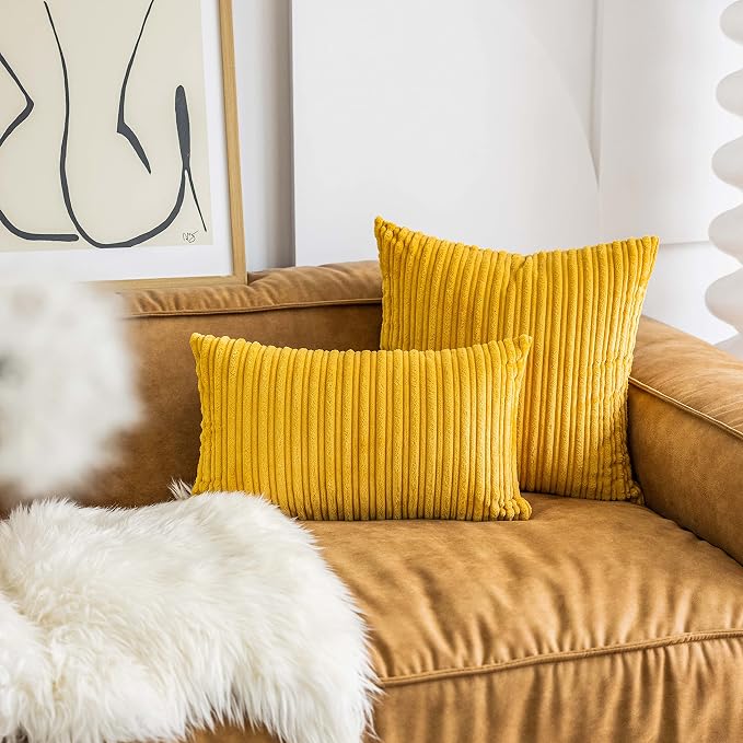 UGASA Velvet Pillow Covers Striped Decorative Throw Pillow Covers Cushion Case with Hidden Zipper for Home Couch/Bedroom, Soft Cozy Solid Square, 1 Piece (12"x20", Primrose Yellow)