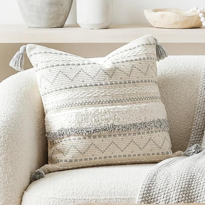20X20 Throw Pillow Cover, Cream Neutral Square Decorative Cushion Cover with Gray Pattern, Boho Accent Pillowcase with Tufted Details and Tassels for Couch Sofa Living Room (Cover Only)