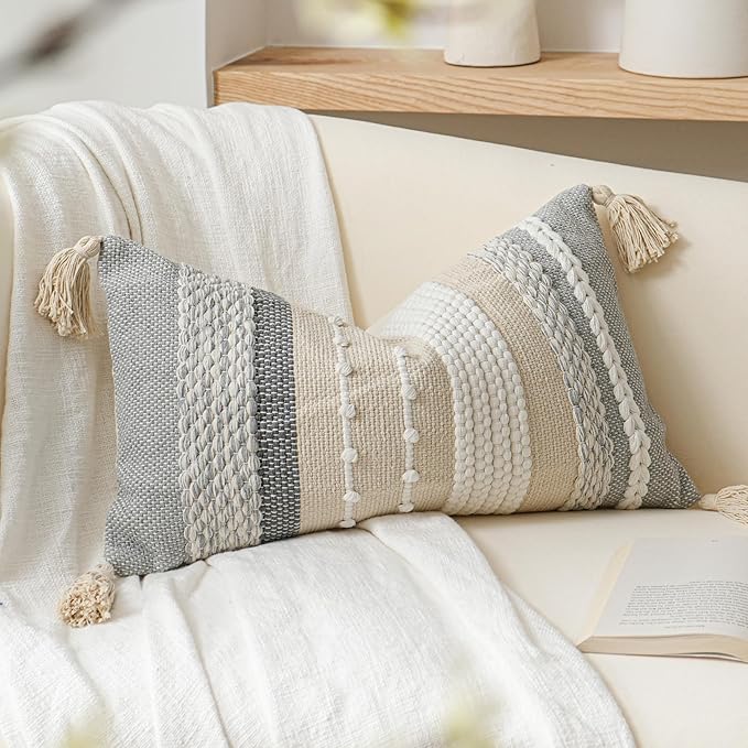 Decorative Lumbar Throw Pillow Cover 14x24 Boho Gray Accent Cushion for Couch Sofa Farmhouse Pillowcase for Bedroom Living Room Home Décor Cover ONLY