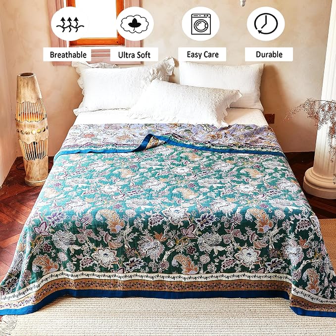 VANJOROY Boho Throw Blanket 60" x 80", 100% Organic Cotton Breathable Ultra Soft Bed Purple Quilt Throw - All Season Luxury Floral Farmhouse Decor Blanket for Sofa Couch Chair and Gift.