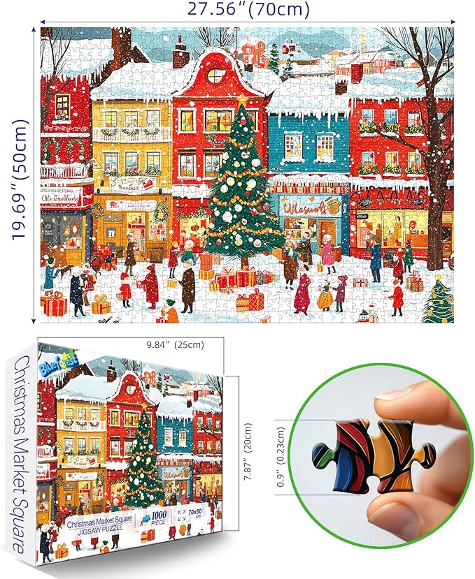 Snowy Christmas Town 1000 Piece Puzzle for Adults, Fun Puzzles for Adults 1000 Pieces with HD Print & Poster, 27.5 * 19.7 in Dust Free, for Gifts Halloween Christmas Family Games Lovers