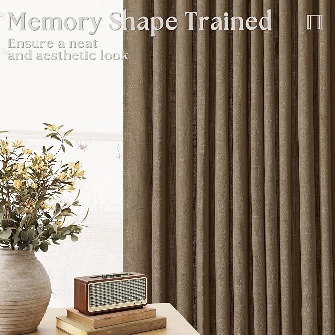 Dutch Cocoa Pinch Pleat Linen Curtains 90 Inches Long 60 Inch Wide 1 Panel | Light Filtering Semi Sheer Privacy, 400GSM Fabric Memory Shape, Pinch Pleated, for Sliding Door Living Room Bedroom, W60xL90