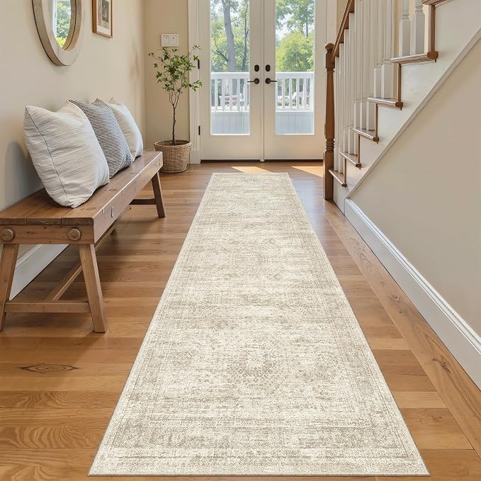 Soalmost Runner Rug 2x7 Washable Non-Slip Hallway Rugs for Kitchen Beige | Low-Pile Vintage Runners for Bathroom Laundry Room, Foldable Floor Carpet Mat for Entryway Corridor Bedroom