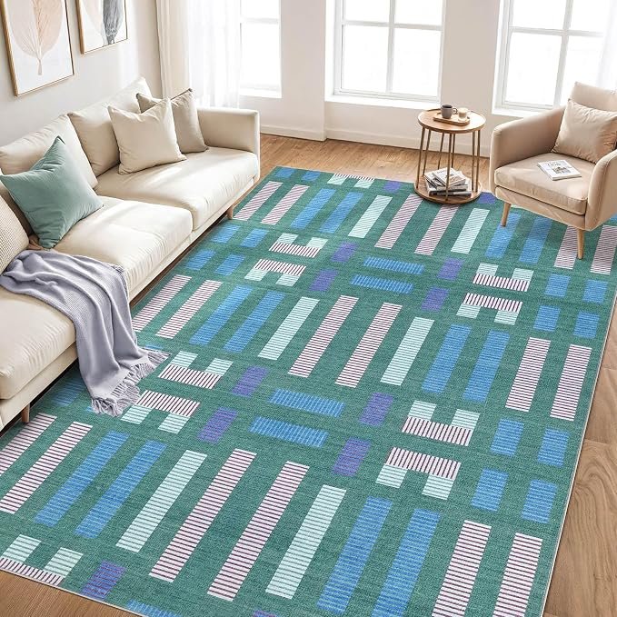 cotiled 5x7 Area Rugs Living Room Rug: Washable Boho Rugs with Non Slip Backing Large Soft Indoor Stain Resistant Carpet for Bedroom Farmhouse Dining Room Lightweight Home Decor Green