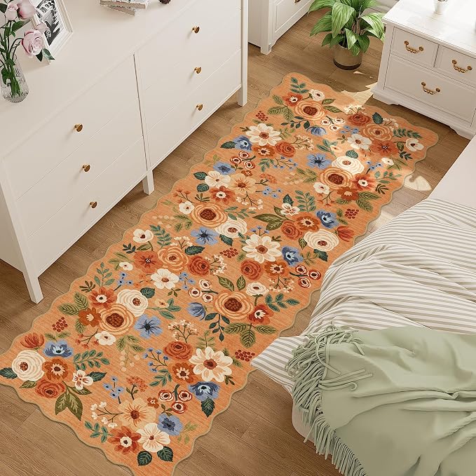 DUKINO 2x6 Runner Rug, Floral Washable Rug for Kitchen Non Slip, Orange | Soft, Low Pile, Non-Shedding Long Runner Rugs for Kitchen, Entryway, Bedroom, Bathroom, Pet Friendly, Home Decor, Ultra-Thin