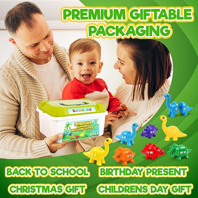 Dinosaur Alphabet Learning Toys - 52pc in Storage Box | 26 Double Sided Dino Matching Toys | Preschool Dinosaur Letter Matching Toy for Toddlers 3-5