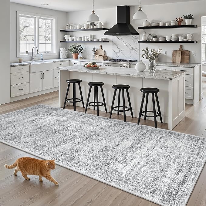 Soalmost Washable Kitchen Runner Rug 3x6 Hallway Entry Rugs Non-Slip, Grey | Vintage Runners 6ft for Bathroom Laundry Room, Foldable Low-Pile Floor Carpet Mat for Entryway Corridor Bedroom
