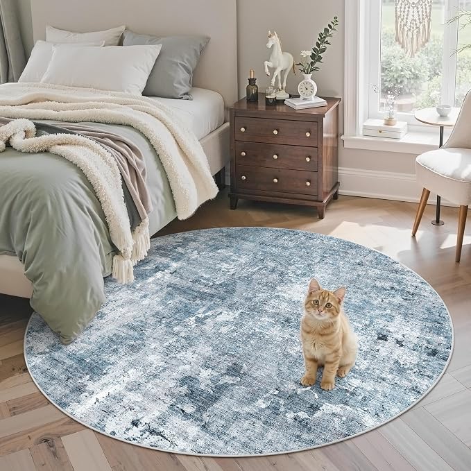 Soalmost Abstract 5x5 Round Rug 5ft Circle Living Room Rugs, Blue/Grey | Washable Vintage Indoor Carpet for Dining Bedroom, Low Pile Stain Resistant Foldable Floor Mat Entryway Home Office Decor