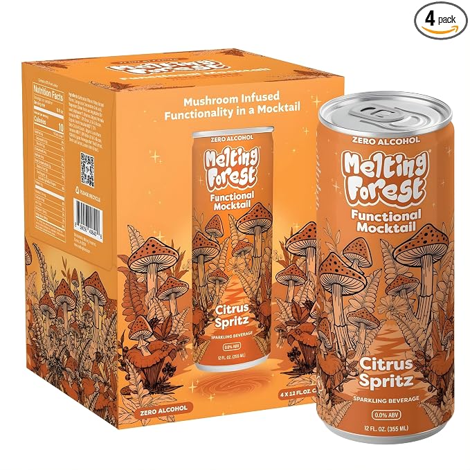 Melting Forest Functional Mocktail Citrus Spritz – Alcohol-Free, Euphoric Adaptogen Drink with Reishi, Antrodia, Lion’s Mane, Ashwagandha – 10 Calories, Vegan, Gluten-Free (4 Pack)