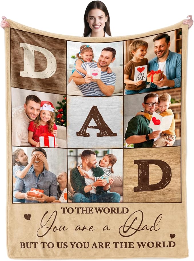 SHIPS NEXT DAY Personalized Fathers Day Birthday Gifts from Daughter Son Kids Wife Customized Father's Day Christmas Dad Husband Grandpa Papa Unique Gifts Custom Photos Blanket with Picture Text