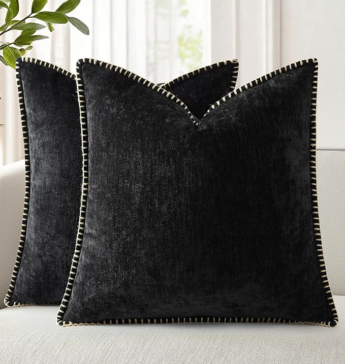 decorUhome Soft Chenille Throw Pillow Covers 24x24 Set of 2 Black | Fall Textured Decorative Throw Pillow Cases Stitched Edge Modern Farmhouse Luxury Boho Velvet for Couch Sofa Bed Home Decor