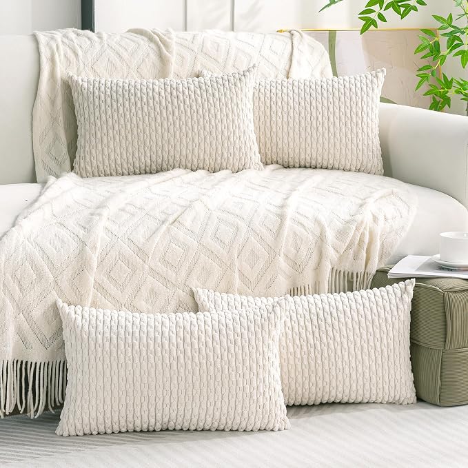 Set of 4 Cream White Decorative Throw Pillow Covers 12x20 Inch Corduroy Pillow Covers for Bed Couch Sofa Living Room Soft Cushion Cases