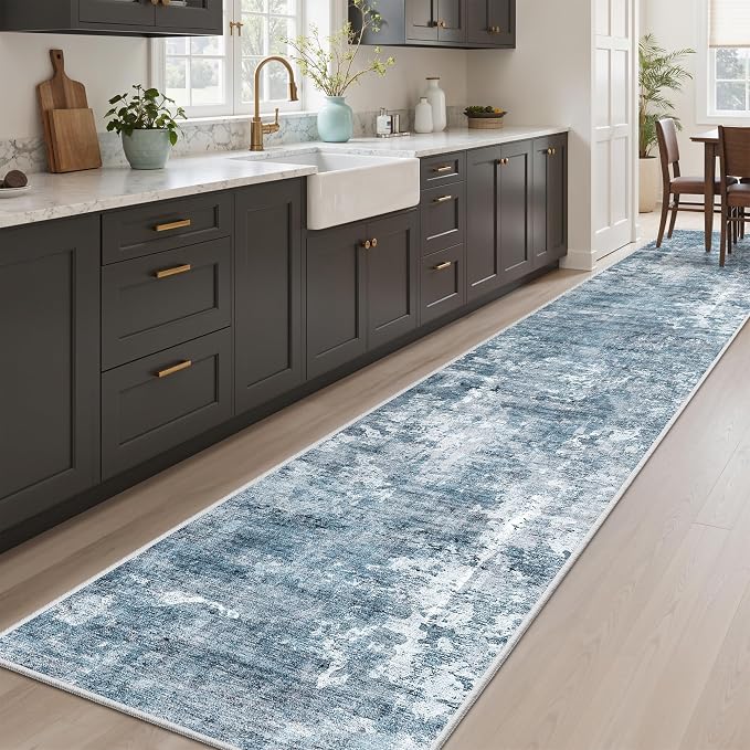 Soalmost Abstract Runner Rug 2x12 Hallway Kitchen Runners Blue/Grey | Stain Resistant Vintage Rugs for Bathroom Laundry Room, Low Pile Foldable Floor Carpet Mat for Entryway Corridor Bedroom
