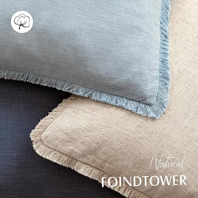 Foindtower Set of 2 Decorative Linen Fringe Lumbar Throw Pillow Covers Boho Farmhouse Cushion Cover with Tassels Soft Accent Pillowcase for Couch Sofa Bed Living Room Home Decor,12×20 Inch,Sky Blue