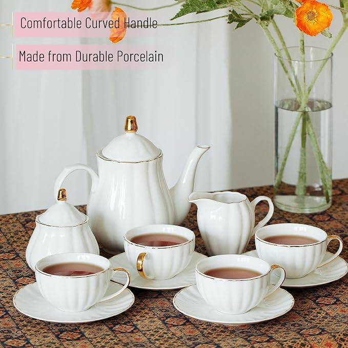 BTaT- Classic tea set, 13 pcs, Tea Cups (7oz), Tea Pot with Stainless Steel Infuser (32oz), Creamer and Sugar Set, Porcelain Tea Set, White Tea Set, Tea Pot Sets with Cups