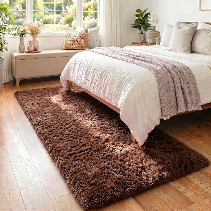 Brown Runner Rug 2' x 6', Fluffy Coffee Rugs for Bedroom Super Soft Long Bedside Rugs, Indoor Plush Carpets for Living Room Kids Teen Dorm Nursery Room Decor Aesthetic Non-Slip Hallway Rug
