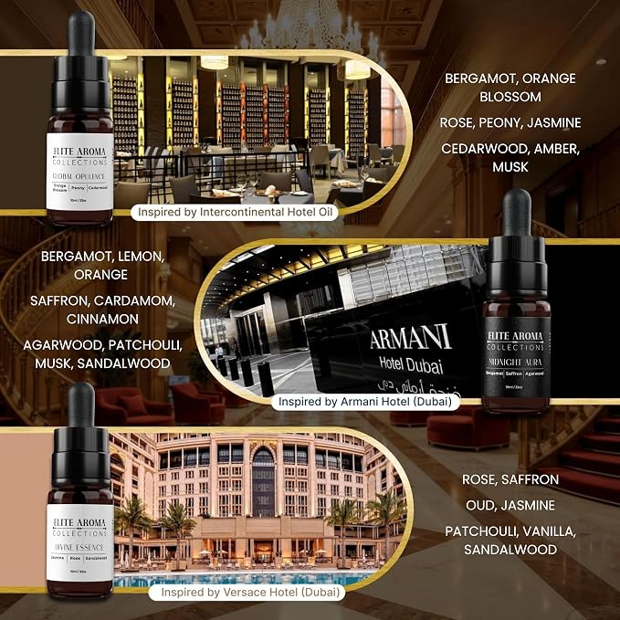 Elite Hotel Fragrance Oils Gift Set (3 Pack) - Midnight Aura, Divine Essence, Global Opulence - Luxury Hotel Scents for Diffusers & Aromatherapy - 0.3