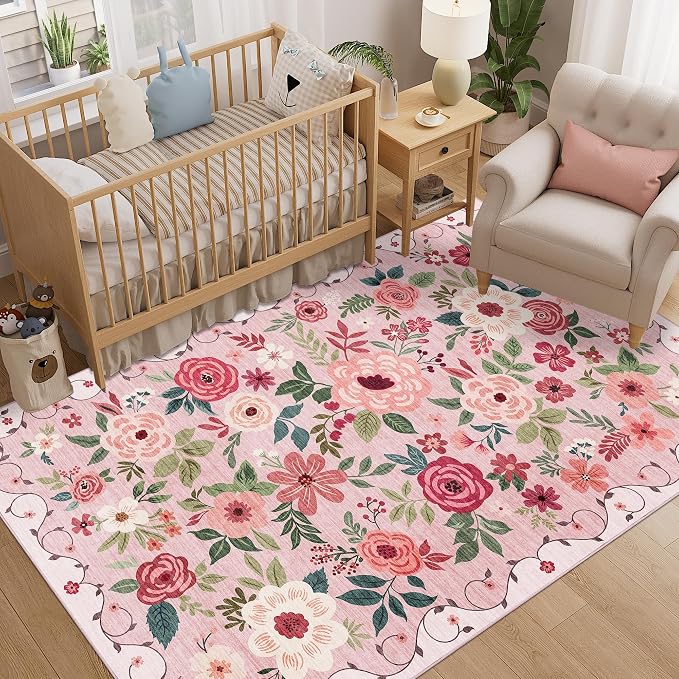 DUKINO 5x8 Area Rug for Bedroom, Soft Floral Washable Rug Non Slip, Pink | Low Pile, Non-Shedding Thin Indoor Rug for Living Room, Dining Room, Kids Room, Office, Nursery, Pet Friendly, Home Decor
