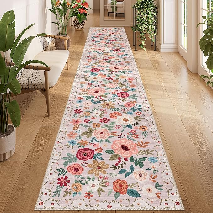 DUKINO 2x12 Washable Runner Rug, Non Slip Long Kitchen Runner Rug, Beige | Floral, Low Pile, Soft Indoor Rug Runner for Hallway, Entryway, Bedroom, Bathroom, Laundry, Pet Friendly, Modern Home Decor