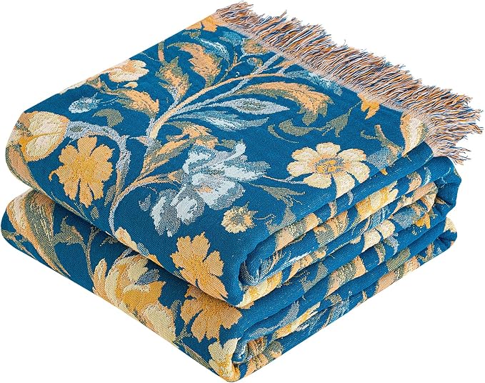 VANJOROY Boho Throw Blanket King, 100% Organic Cotton Breathable Ultra Soft 91" x 98" Bed Quilt Throw - All Season Floral Rustic Farmhouse Decor Reversible Blanket for Sofa Couch Chair and Gift