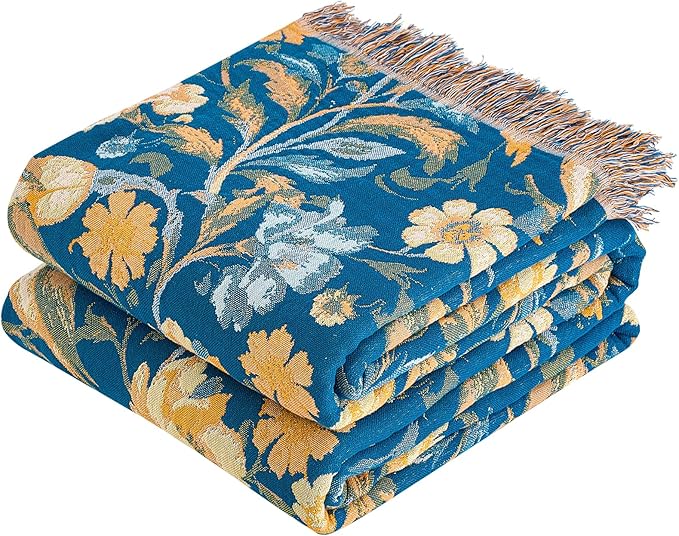 VANJOROY Boho Throw Blanket, 100% Organic Cotton Breathable Ultra Soft 50" x 60" Bed Quilt Blue Throw - All Season Bird Floral Rustic Farmhouse Decor Reversible Blanket for Couch Chair and Gift