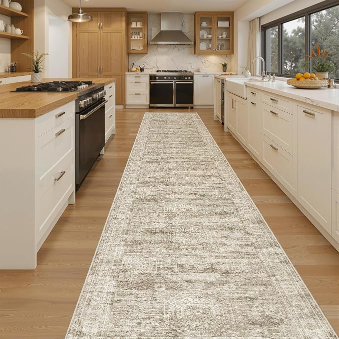 Soalmost Hallway Runner Rug 2'6" x 14' Washable Long Kitchen Rugs Brown | Non-Slip Vintage Runners 2.5x14ft for Bathroom Entryway, Thin Low-Pile Foldable 14 ft Floor Carpet Mat for Corridor Bedroom
