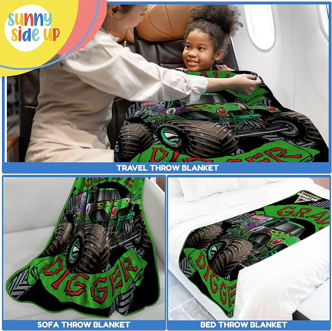 Sunny Side Up Monster Jam Plush Travel Throw Blanket - Measures 40 x 50 Inches - Super Soft & Cozy Travel Accessories Features Grave Digger