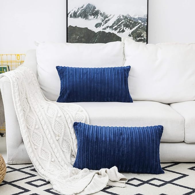 UGS UGASA Pack of 2, Velvet Pillow Covers Striped, Soft Textured Throw Cushion Case Set, Accent Corduroy Lumbar Pillowcases with Hidden Zipper for Home Decor Indoor Outdoor (12"x20", Navy Blue)