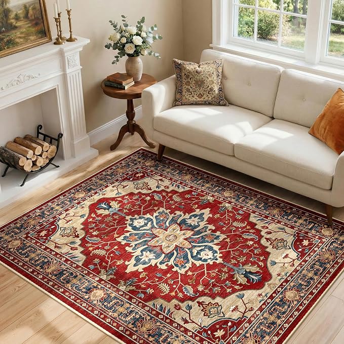 RELEANY Area Rugs 4'x6' Washable Non-Slip, Floral Vintage Distress Medallion Carpet for Living Room Bedroom Dining Room, Red Blue
