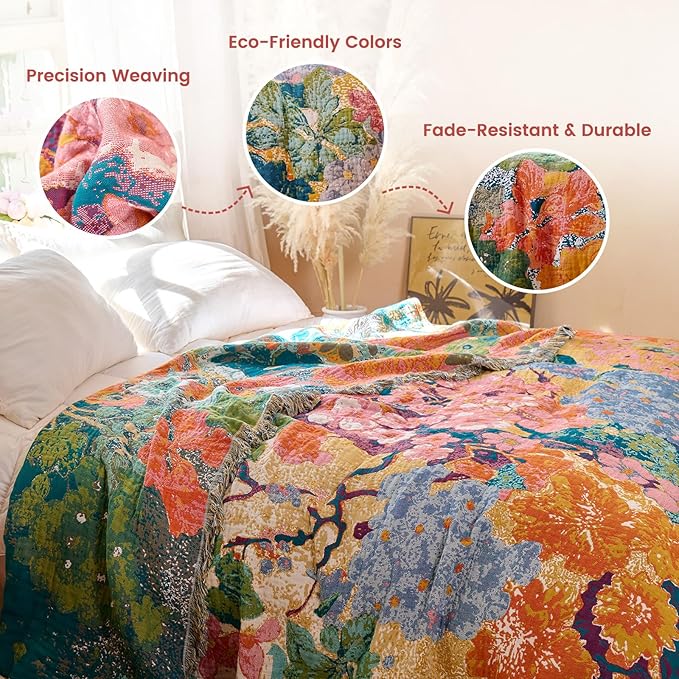 MSGKV Boho Throw Blanket 50"x60" Cotton Floral Blanket for Couch & Sofa | 50"x60" Cotton Floral Throw, Muslin Blanket, Summer Breathable, Farmhouse Decor, All Season Comfort, Machine Washable