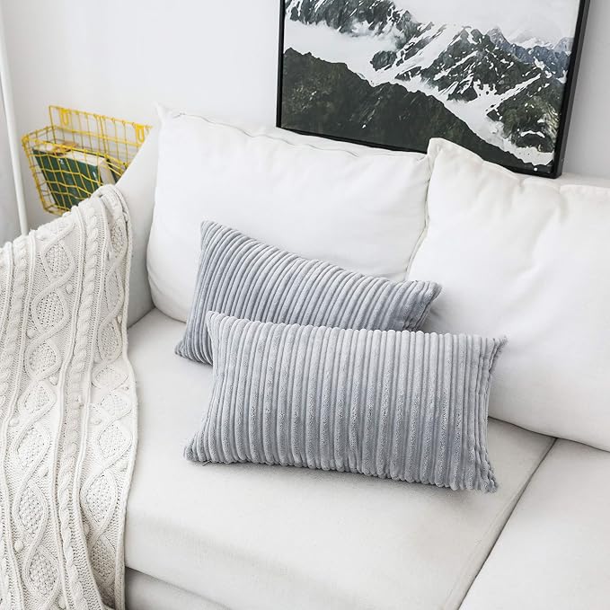 UGASA 14x20 Inch Christmas Pillow Cover Pack of 1 Soft Boho Stripe Corduroy Long Rectangle Lumbar Cushion Case Farmhouse Decorative Pilowcase for Bed, Couch, Sofa, Bedroom, Living Room, Light Grey