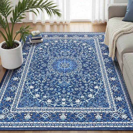 5x7 Area Rugs for Living Room, Washable Non-Slip Rug, Oriental Dark Blue | Area Rugs for Bedroom, Low Pile Carpets for Dining Room, Office, Indoor, Stain Resistant Vintage Oriental Print Rug