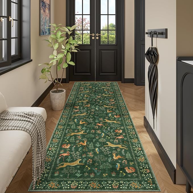 DUKINO 3x10 Washable Runner Rug, Non Slip Animal Rug for Hallway, Green | Low Pile, Stain Resistant, Soft Thin Indoor Rug Runner for Kitchen, Entryway, Bedroom, Bathroom, Pet Friendly, Non-Shedding