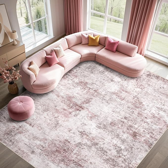 UERMEI 9x12 Washable Area Rug - Neutral Modern Abstract Living Room Rugs, Non-Slip Soft Large Indoor Floor Carpet for Bedroom Home Office & Under Dining Table Decor, Pink Grey
