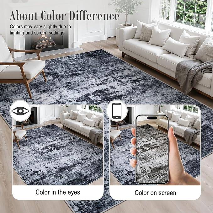 5x7 Area Rug Living Room Rug: Washable Modern Abstract Soft Thin Rug Indoor Floor No Slip Stain Resistant Carpet for Bedroom Dining Room Farmhouse Nursery Home Office - Black