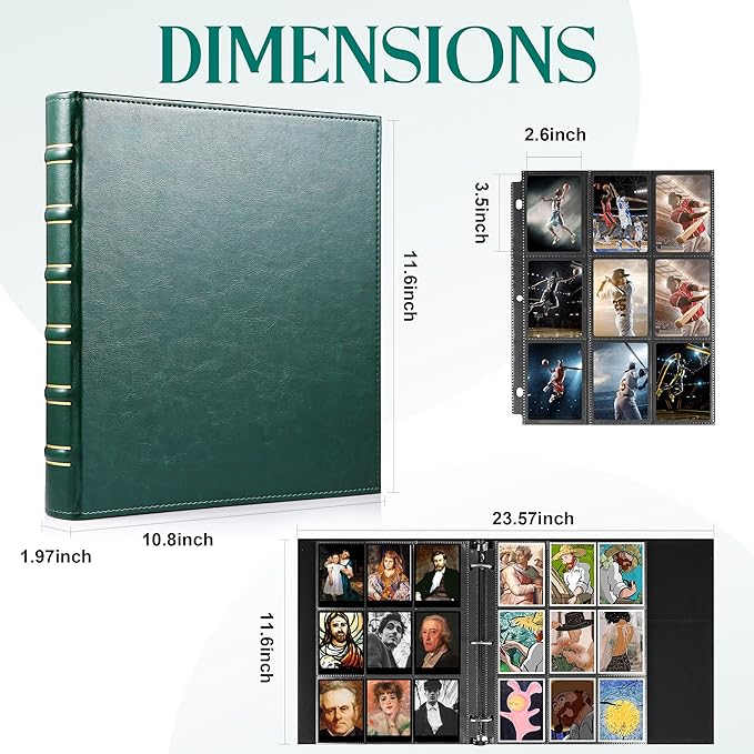 WOT I Vintage Leather Card Binder | Holds 450 Cards, Refillable Leather 3 Ring Binder for MTG/TCG/Sports Cards, Elegant Book-Style Organizer - Dark Green