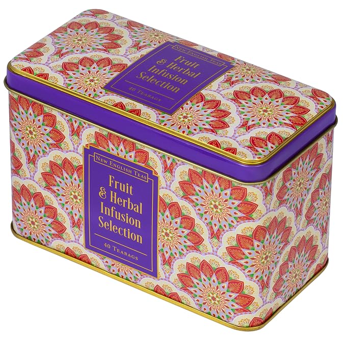 New English Teas Fruit & Herbal Tea Selection Gift Set – 40 Individually Wrapped Caffeine-Free Tea Bags in Decorative Floral Tin – Variety Pack including Peppermint, Berry, & Camomile