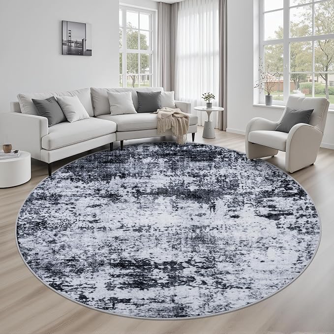 Round Area Rug for Living Room: 8 ft Washable Modern Abstract Soft Thin Rug Indoor Floor No Slip Stain Resistant Carpet for Bedroom Dining Room Farmhouse Nursery Home Office - Black