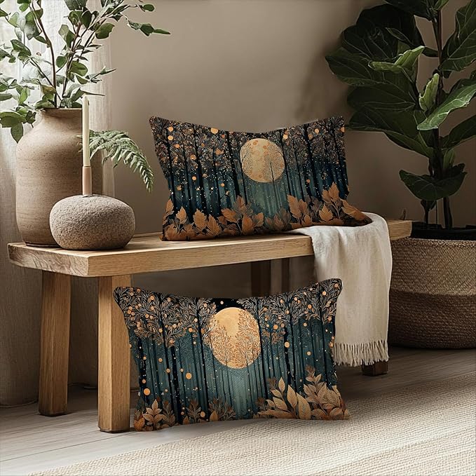 Vintage William Morris Inspired Gold Forest Moon Pillow Covers 20x12 Set of 2,Rustic Black and Gold Moon Landscape Nature Botanical Decorative Throw Pillow Covers for Home Bedroom Living Room