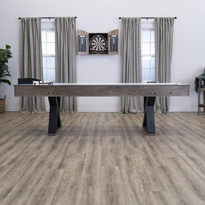 American Legend Kirkwood 9’ Shuffleboard Table with LED Rails, Bowling Game Set, Rustic Wood Finish & Accessories Included