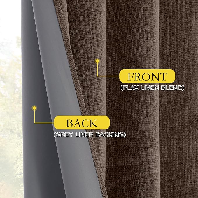 NICETOWN Brown Vintage Linen 100% Blackout Curtains for Living Room, W52 x L90 in, Set of 2, Thermal Insulated Curtains with Light Blocking Liner, Noise Reducing Window Treatments for Home Cinema