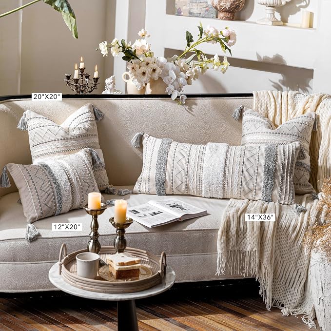 14x36 Lumbar Pillow Cover for Bed, Rectangular Long Decorative Throw Pillowcase, Boho Accent Cushion with Gray Tufted Pattern and Tassels, Cream Neutral (Cover Only)